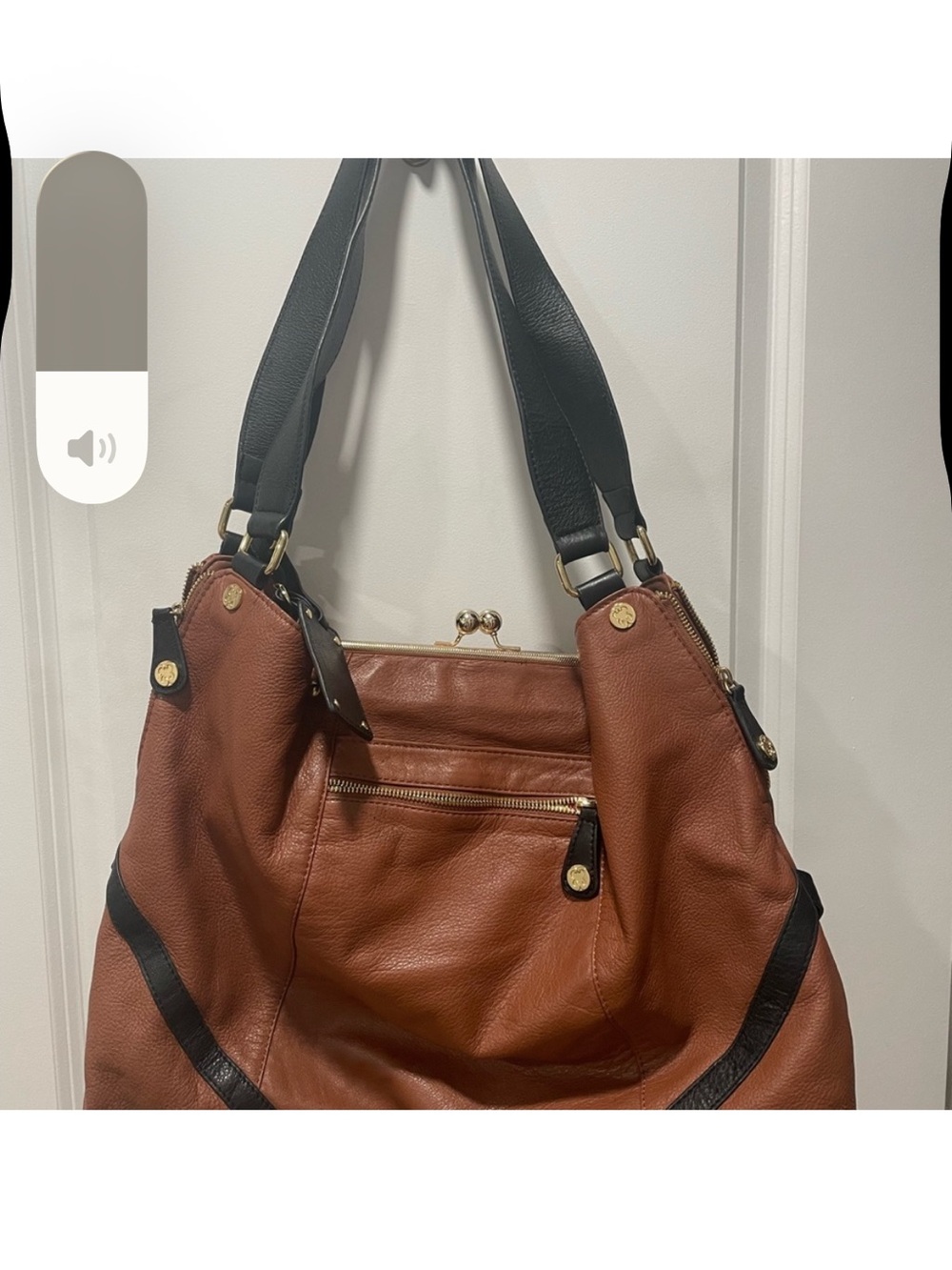 Emma Fox Large Cognac Pebbled Leather Hobo Shoulder Bag Black Trim Gold Hardware - Picture 2 of 13